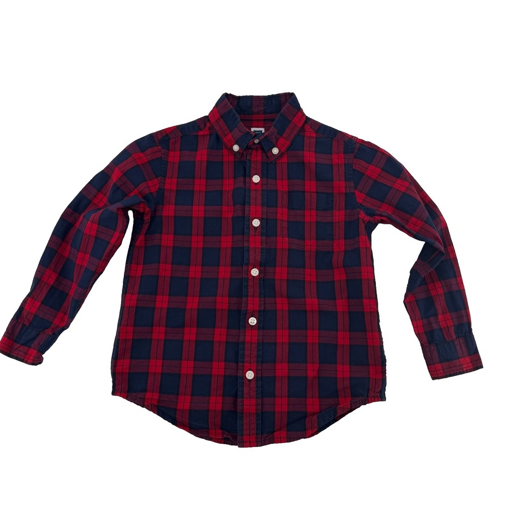 Janie And Jack Boys Plaid Button Front Shirt Red Navy Cotton Long Sleeve Size 4